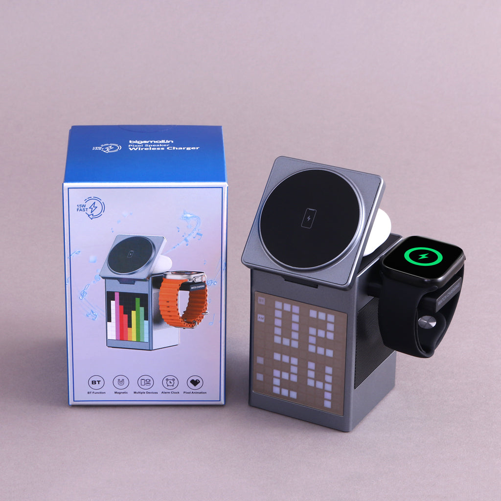 5-in-1 Wireless Charger, Speaker & Alarm Clock – 15W Fast Charging